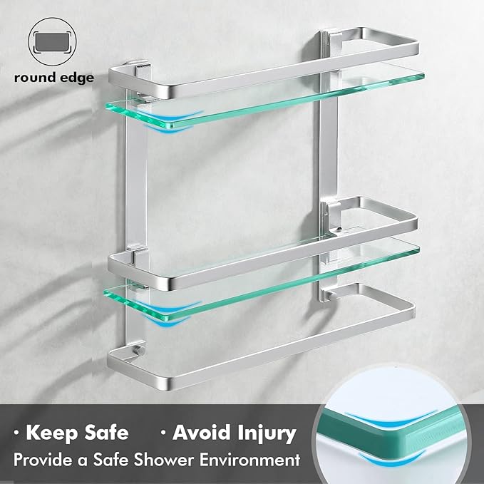 KES Bathroom Tempered Glass Shelf 2 Tier Storage Glass Shelf Rectangular with Bar Wall Mounted Sand Sprayed Anodized Aluminum Finish, A4127B