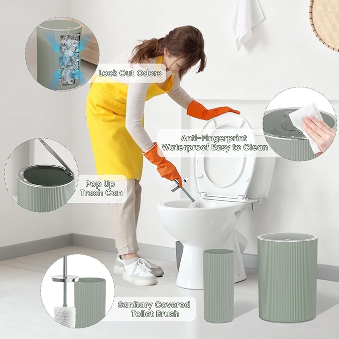 Sage Green Bathroom Accessories Set, 10PC Bathroom Set, Bath Accessory with Pop Up Trash Can, Soap Dispenser, Toilet Brush, Toothbrush Set Qtip Holders & Tray