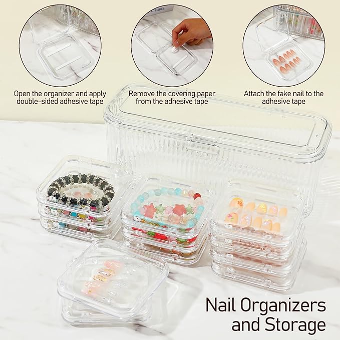 24 Pcs Clear Press On Nail Storage Box with 2 Large Organizers and 60 Adhesive Tapes, for Fake Nail Display, Nails Salon Packaging, and Nails Art Organization