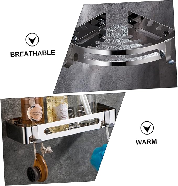 2Pcs Bathroom Shelf No Drill Corner Storage Rack with Hooks Modern Minimalist Design for Kitchen Bathroom High Load Bearing Tripod