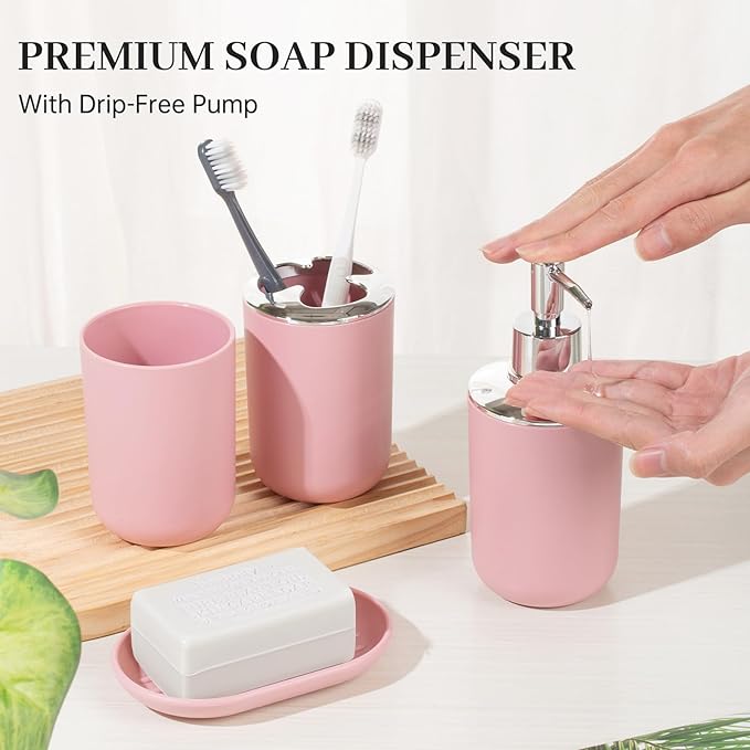 Bathroom Accessory Set, 4 Pcs Plastic Bathroom Set Include Soap Dispenser, Soap Dish, Toothbrush Holder, Mousewash Cup, Modern Bahtroom D??cor Set, Space Save for Bathroom(Light Pink)