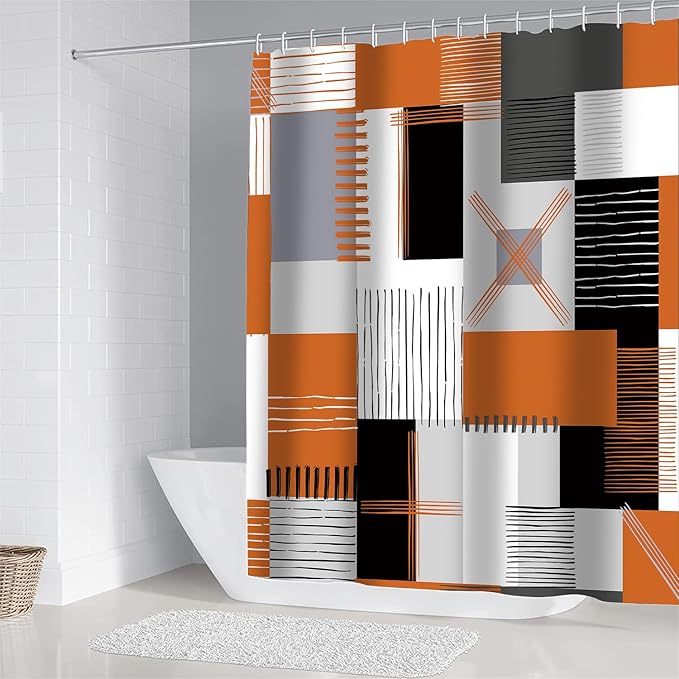 All Smiles Fall Shower Curtain Sets with Non-Slip Rugs,Toilet Lid Cover and Bath Mat, Black and Orange Bathroom Decor Set Accessories Waterproof Shower Curtains