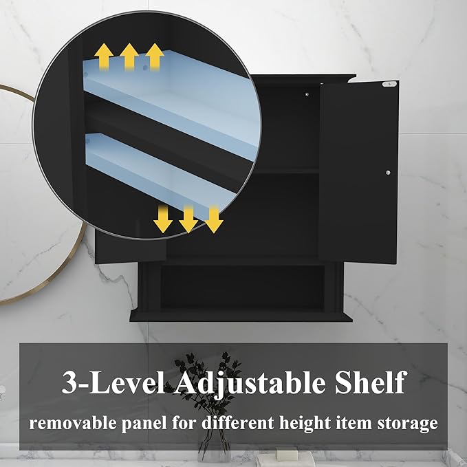 Bathroom Cabinet Wall Mounted| Over the Toilet Storage Cabinet with 2 Doors & Adjustable Shelf, Hanging Wall Cabinet, Upper Cabinet Storage Cupboard for Bathroom,Kitchen,Laundry Room, Black