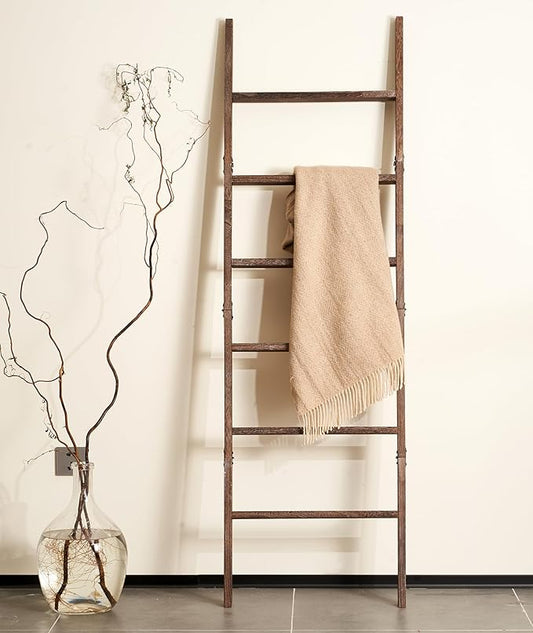 Blanket Ladder for The Living Room 6-Tier, Wooden Decorative Quilt Holder for Bed Room, Wall-Leaning Wood Towel Rack for Bathroom，Rustic Farmhouse Ladders for Display. (Washed Brown)