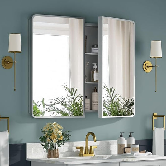 Bathroom Medicine Cabinet with Mirror 24x30Inch, Silver Medicine Cabinet Recessed or Surface Wall-Mounted, Mirrored Cabinets with Sturdy Metal Adjustable Shelves for Bathroom Vanity