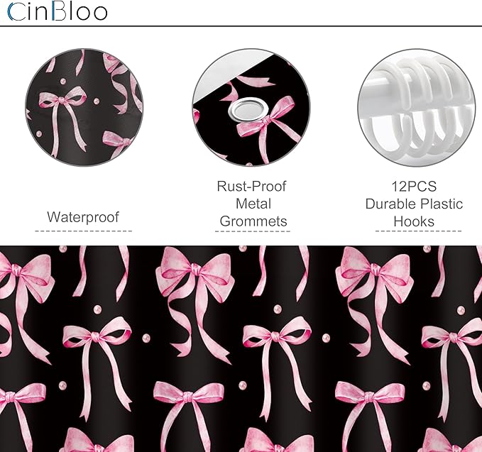 Cinbloo 4Pcs Black Pink Bow Shower Curtain Set, Retro Coquette Vintage Girly Preppy Cute Fashion Pretty Sweet Bathroom Curtain with Rug, Toilet Lid Cover, Bath Mat, Girls Shower Curtain with 12 Hooks