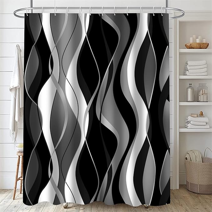 Nkzply 4 Pcs Black and White Striped Shower Curtain Set Black and Grey Bathroom Sets with Shower Curtain and Rugs Modern Home Bathroom Decor Shower Curtains with Rugs and Toilet Lid Cover