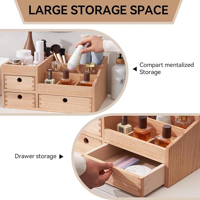 KIRIGEN Wood Makeup Organizer Storage Cabinet Tabletop Cosmetic Organizer Jewelry Storage Box 8 Compartment Makeup Display Case with 3 Drawers Natural(HZG-NA)