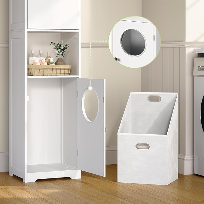 Laundry Hamper Cabinet, 70" Tall Bathroom Cabinet with 2 Laundry Baskets, Hidden Laundry Hamper with 2 Doors and Double Clothes-Toss Round Holes for Bathroom, White WT170XY01S
