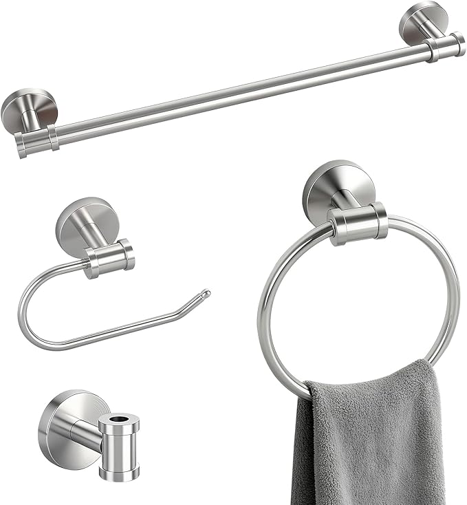 Bathroom Hardware Set 4 Piece, SUS304 Stainless Steel Bathroom Towel Rack Set, Brushed Nickel Towel Bar Set-24 Inch Bathroom Towel Bar, Nickel Toilet Paper Holder, Hook for Bathroom, Towel Ring