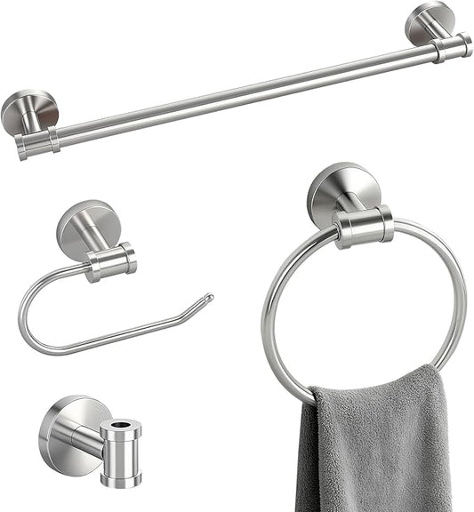 Bathroom Hardware Set 4 Piece, SUS304 Stainless Steel Bathroom Towel Rack Set, Brushed Nickel Towel Bar Set-24 Inch Bathroom Towel Bar, Nickel Toilet Paper Holder, Hook for Bathroom, Towel Ring
