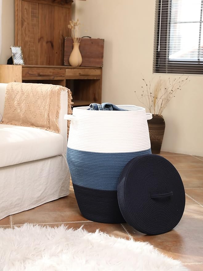26"x20" Handcrafted Tall Cotton Rope Basket with Lid, Stylish Flagon Shape with Cover, Clothes Hamper with Top, for Bedroom and Living Room, Dark Blue/Deep Blue