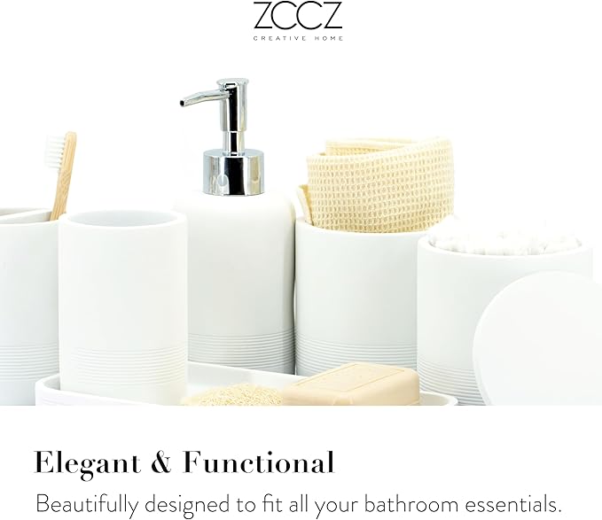 ZCCZ White Bathroom Accessories Set 6 Pieces - Toothbrush Holder, Lotion Dispenser, Qtip Container, Vanity Tray, Tumbler - Countertop Organizer for Bathrooms - Elegant and Functional Décor Set