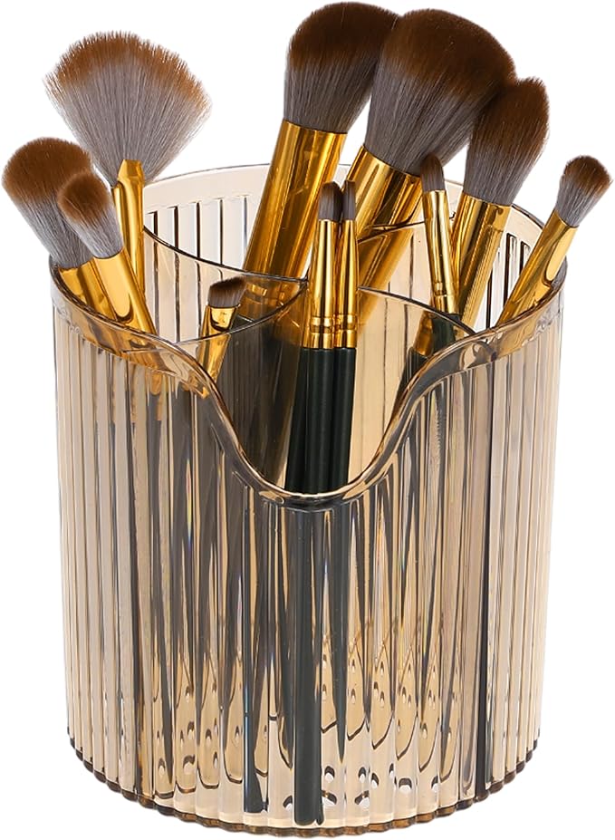 VOCOSTE Makeup Brush Cup, Makeup Organizer, 4 Slot Makeup Brush Holder, Cosmetics Storage Cup, for Vanity for Desktop, for Bathroom Countertops, Clear Brown