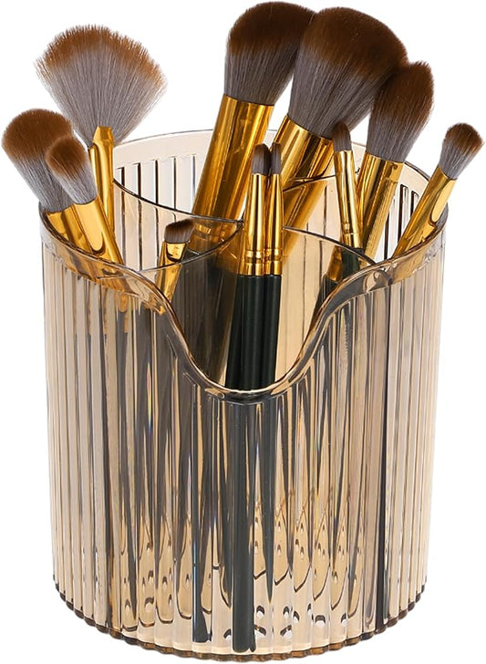 VOCOSTE Makeup Brush Cup, Makeup Organizer, 4 Slot Makeup Brush Holder, Cosmetics Storage Cup, for Vanity for Desktop, for Bathroom Countertops, Clear Brown