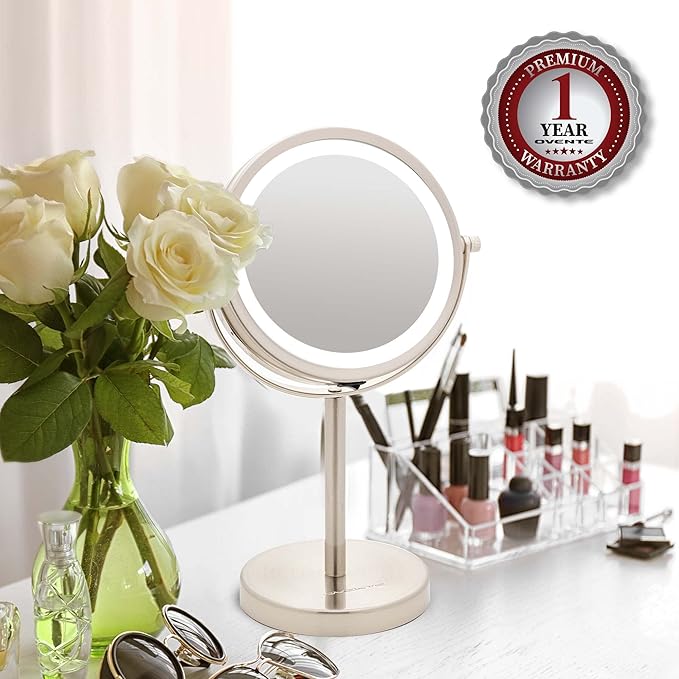OVENTE Lighted Vanity Mirror 6 Inch Table Top 1X 7X Magnification LED 360 Adjustable Double Sided Spinning Personal Makeup Stand Desk Bathroom Battery Powered Round Large Nickel Brushed MLT60BR1X7X