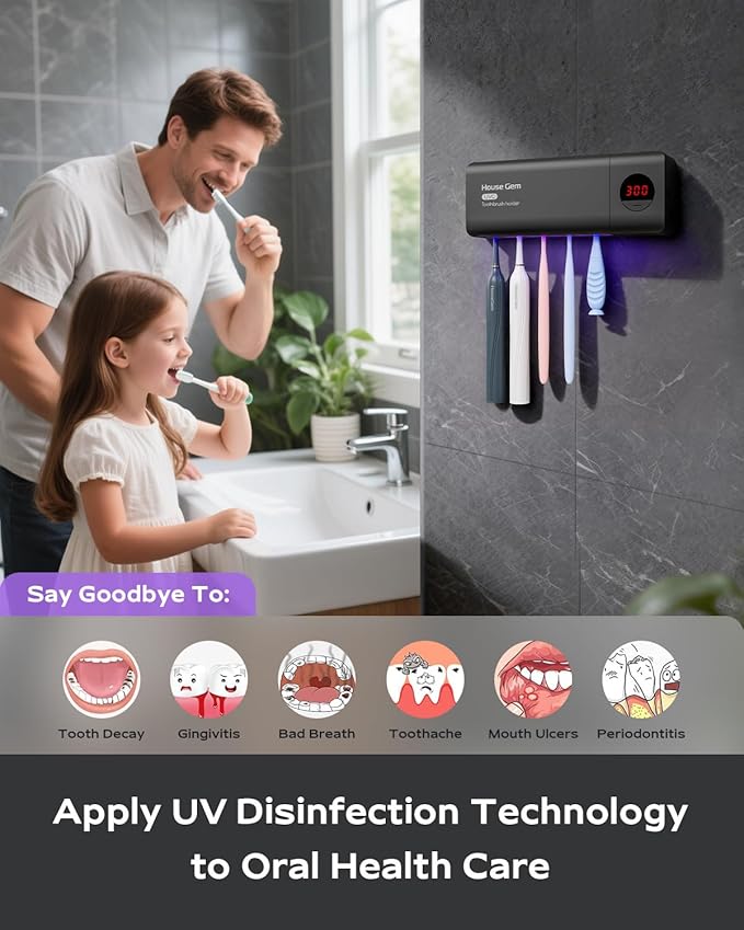 HouseGem Toothbrush Holder, Timer Function, 2000mAh Rechargeable Cordless Wall-Mounted Bathroom (Black)