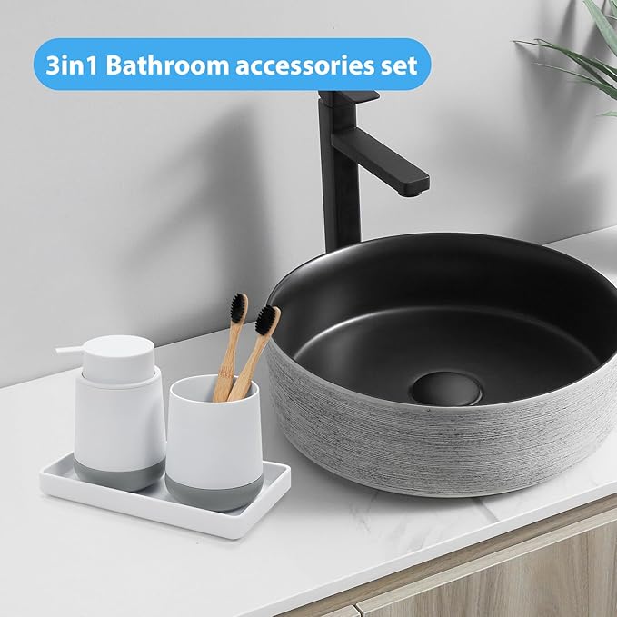 GAHEFY White Bathroom Countertop Accessories Set - Soap Dispenser and Toothbrush Holder with Silicone Boot,Vanity Tray (White Liquid)