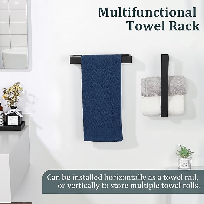 Sayayo Matte Black Towel Bar for Bathroom Wall, 10 Inch Hand Towel Holder, Screw or Self Adhesive Towel Ring Square SUS304 Stainless Steel, 3.2 Inch Wider Design