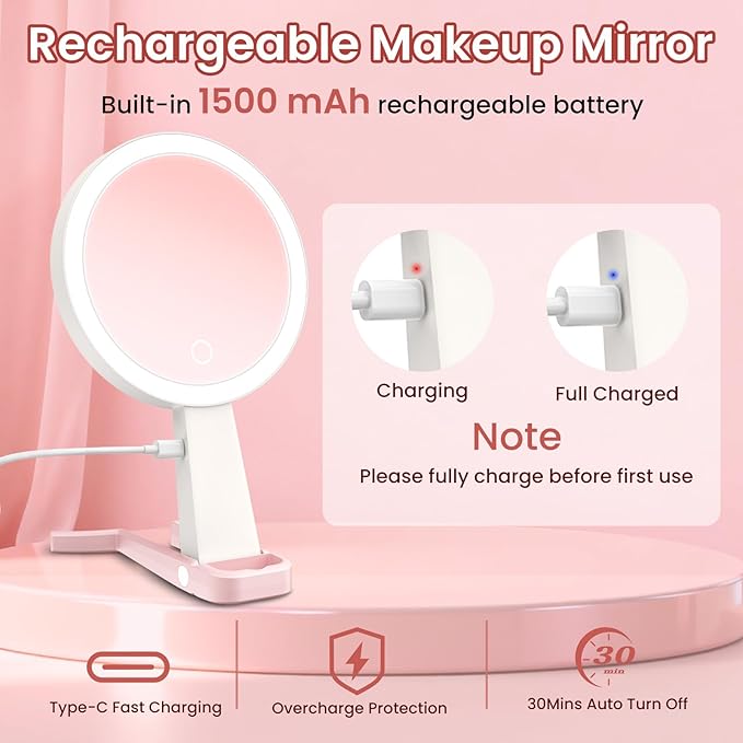 Magnifying Mirror with Light, Double-Sided 10X/1X Lighted Makeup Mirror with Magnification, Rechargeable Makeup Mirror with Lights, 3 Color Lighting, 3 in 1 Tabletop/Handheld/Hanging Travel Mirror