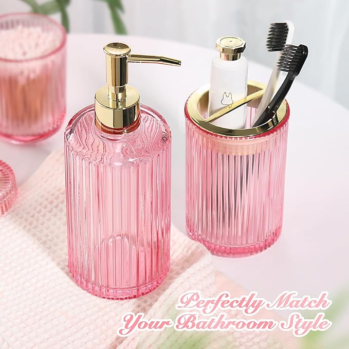 RYTOXILO Pink Bathroom Accessories Set, Pink Bathroom Decor Accessory Sets Complete, 4 Pack Ribbed Grils Soap Dispenser and Toothbrush Holder Set with 2 Qtip Holders, Girly Bath Counter Essentials