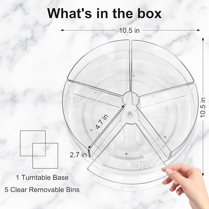 360° Rotating Makeup Organizer, 10.5" Clear Turntable Lazy Susan Organizer for Vanity, Bathroom Counter, Cabinet, Spinning Cosmetic Storage Holder with 5 Removable Dividers for Skincare