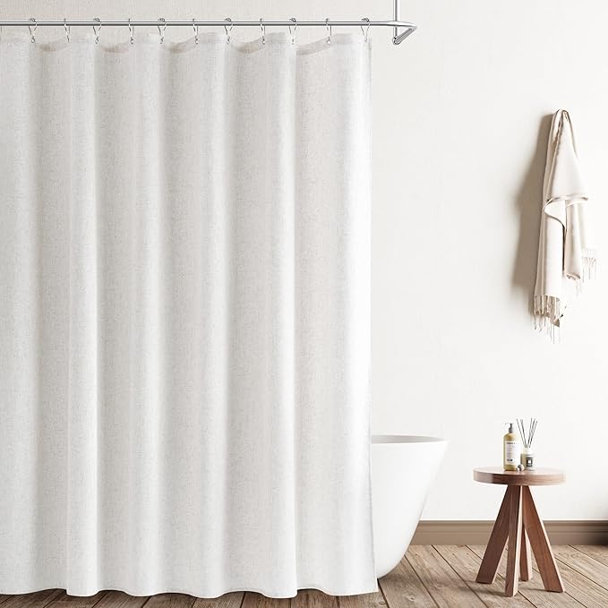 Naturoom Natural Linen Shower Curtain, Country Boho Farmhouse Bath Decor Shower Curtains Neutral Cloth Weighted Textured Fabric Bath Curtain Liner with Hooks, Beige White, 72x78