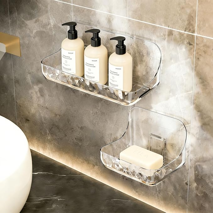 1 Large & 1 Small Acrylic Wall Mounted Storage Organizer, Transparent Bathroom Adhesive, Drill-Free Wall Design with Self-Adhesive Tape, for Bathroom, Vanity & Countertop