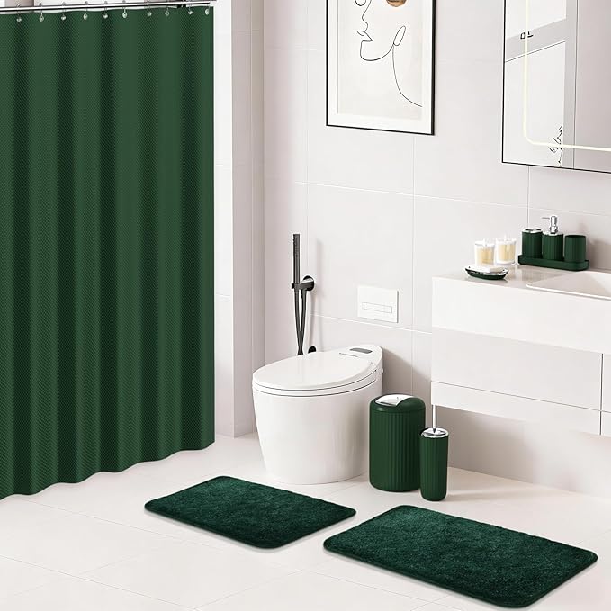 XLHOMO 24 PCS Dark Green Bathroom Accessories Set with Shower Curtain and Rugs, Bathroom Sets with Extra Soft and Absorbent Bath Rugs Shower Curtain Bathroom Accessory for Bath