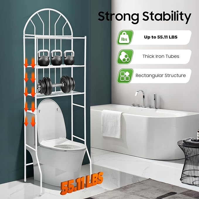 3-Tier Over The Toilet Storage Shelf, Freestanding Behind Toilet Bathroom Organizer Toilet Shelf Rack with Shelves for Toiletries Bathroom Laundry Restroom, White
