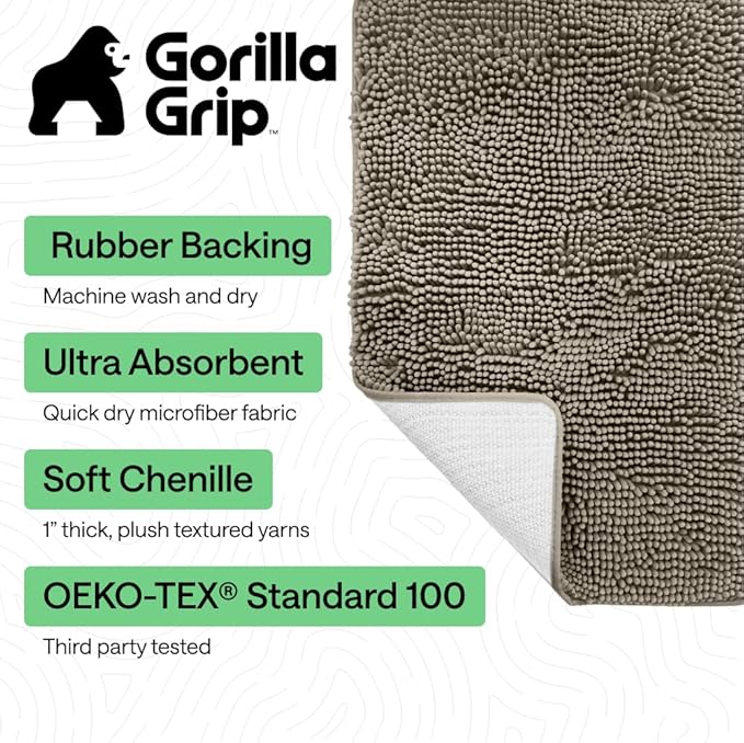 GORILLA GRIP Bath Rug Mat, Thick Soft Absorbent Chenille, Quick Dry Microfiber Mats, Rubber Backing Washable Shower Floor Rugs, US Designed Bathroom Bathmat Home Decor Accessories, 24x17, Latte