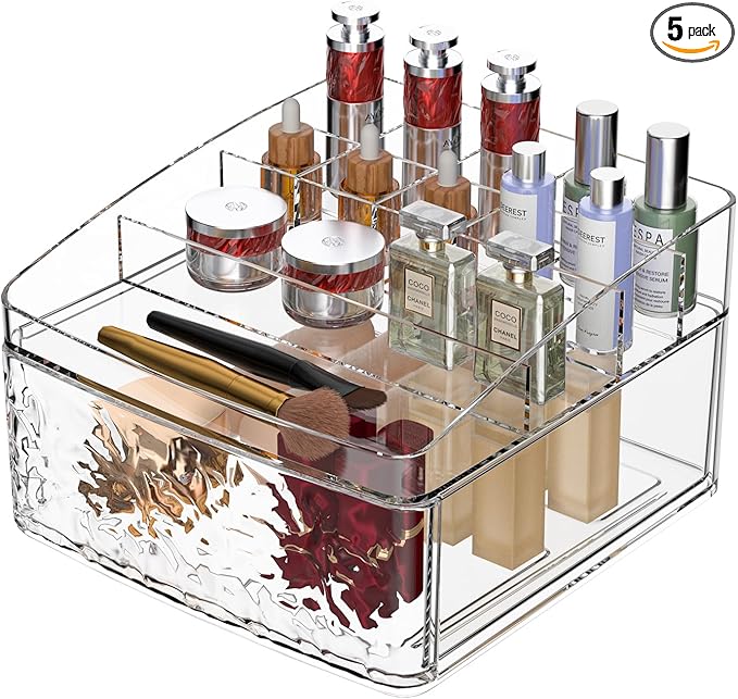 Clear Plastic Countertop Makeup Organizer Compact Rectangular 9-Section Grid with Pull-Out Drawer Dedicated for Brushes, Eyeshadow Palettes & Beauty Supplies