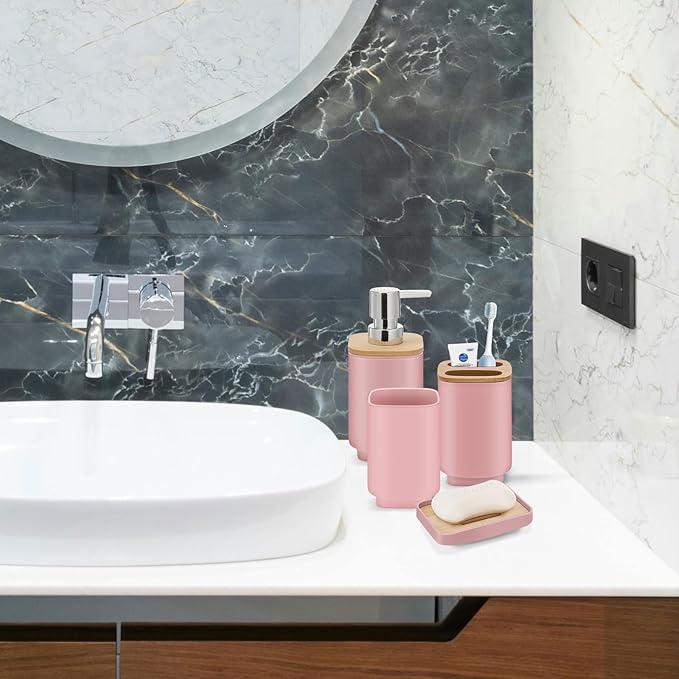 IMAVO 11 Piece Pink Bathroom Set, Trash Can, Toilet Brush, Storage Tray, Complete Bathroom Accessories Organization Kit for Bathroom Décor and Home Gifts