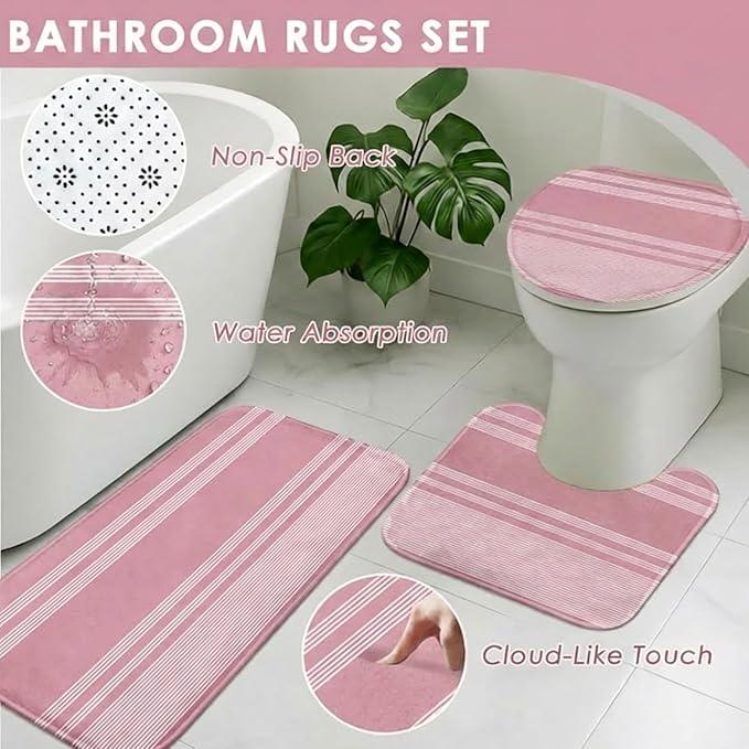 Pink Bathroom Decor and Accessories Set, Striped Shower Curtain and Rug Set with Trash Can, Soap Dispenser, Soap Dish, Toothbrush Holder, Toothbrush Cup, Toilet Brush