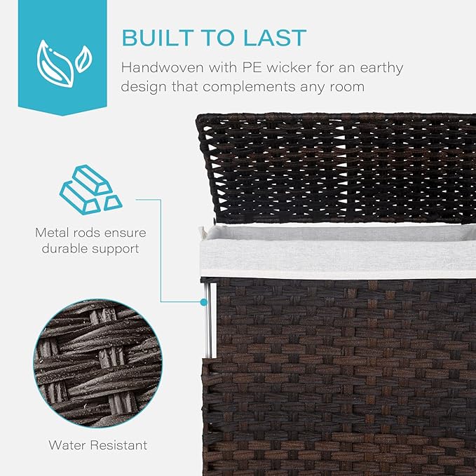 Paylesshere Laundry Hamper Handwoven Laundry Basket 90L/110L Foldable Rattan Laundry Hamper With Lid,2 Removable Liner Bags & 6 Laundry Bags,Clothes Hamper for Bathroom, Brown