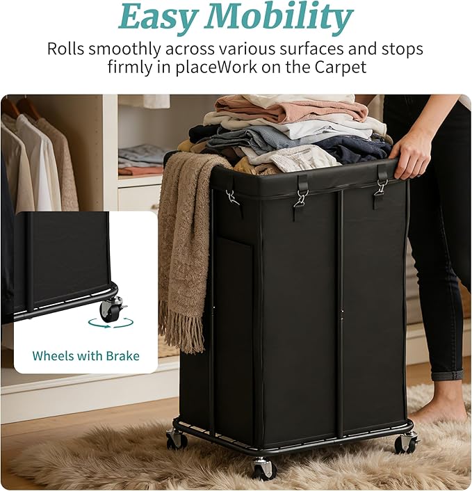 Laundry Hamper with Wheels, Rolling Laundry Basket with Metal Frame and Removable Bag, Double Laundry Hamper 2 Section, Large & Tall Dirty Clothes Hampers for Bedroom Aesthetic, Laundry Room, Bathroom