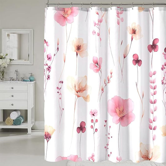 Pink Floral Shower Curtain, Watercolor Flower Shower Curtains for Bathroom, Modern Minimalist Waterproof Fabric Bath Decoration 72x72 Inch