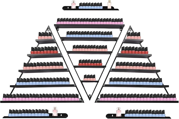 5 Tier Wall-Mounted Metal Nail Polish Display Rack,Simple Triangular Storage Shelves,Essential Oil and Perfume Organizers,Cosmetic Display Cases for Home Spa Nail Salon Shop (Black)