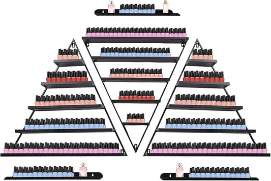 5 Tier Wall-Mounted Metal Nail Polish Display Rack,Simple Triangular Storage Shelves,Essential Oil and Perfume Organizers,Cosmetic Display Cases for Home Spa Nail Salon Shop (Black)