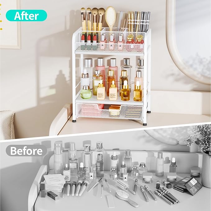 HapiRm Makeup Organizer Countertop with Drawer - Large Capacity Vanity Organizer with Dividers, Bathroom and Bedroom Desk Cosmetic Display Case for Storage Skincare, Makeup Brush, Dresser, Perfume
