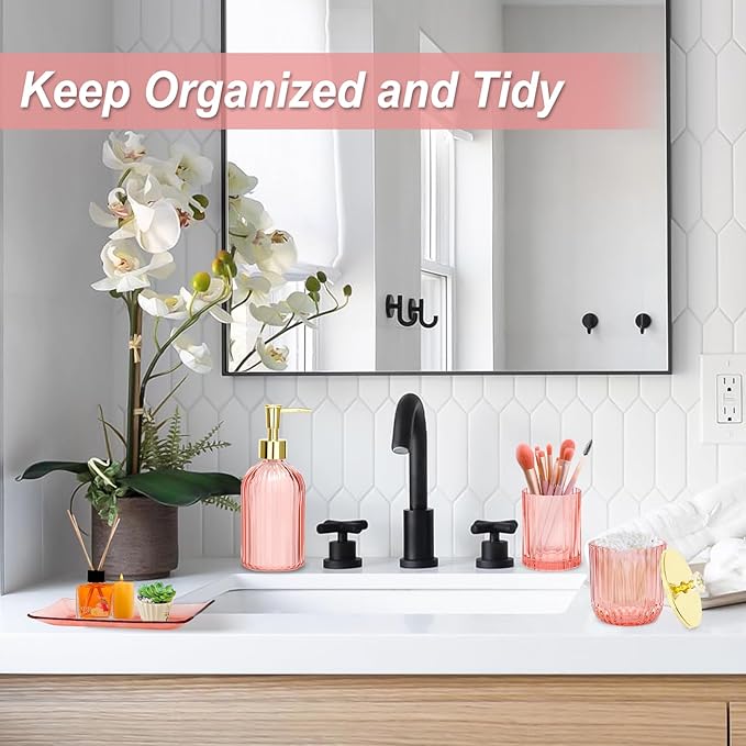 Jenseits Pink Bathroom Accessories Set, 4 Pcs Glass Bathroom Accessory Sets, Soap Dispenser, Toothbrush Holder, Qtip Holder, Vanity Tray, Housewarming Dorm Apartment Decor Home Essentials Gift For Her