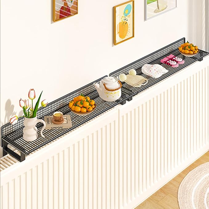 Radiator Topper Shelf Metal Mesh Cutout No-Punch Installation for Office, Hallway, Living Room, Kitchen, Bedroom, Bathroom(Black,23.62 in/60cm)