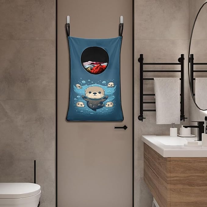 ZOUTAIRONG Sea Otter Hanging Laundry Hamper Cute Over Door Zipper Storage Bag Space Saving Laundry Bag Hanging Dirty Clothes Hamper Laundry Baskets for Bathroom, Closet, Home, Dorm