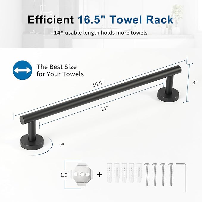 Matte Black Towel Bar, 14 Inch Towel Racks for Bathroom Wall Mounted, Thicken SUS304 Stainless Steel Heavy Duty Hand Towel Holder Organizer, Bathroom Accessories, Total Length 16.5 Inch