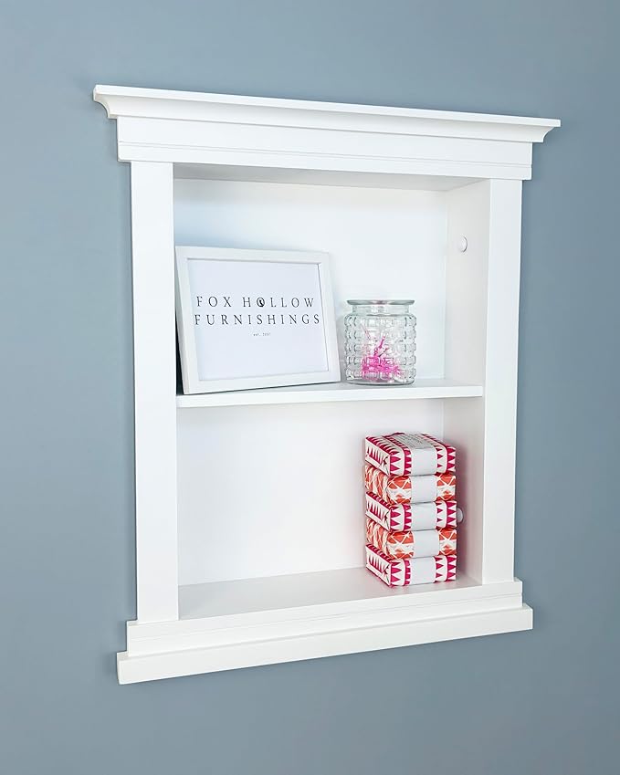 Fox Hollow Furnishings 14x18 Elliot Craftsman Recessed Wood Wall Niche, Open Medicine Cabinet Replacement, in The Wall Bathroom Cabinet Insert Shelves, Made in North America, NO MDF, Plain, White