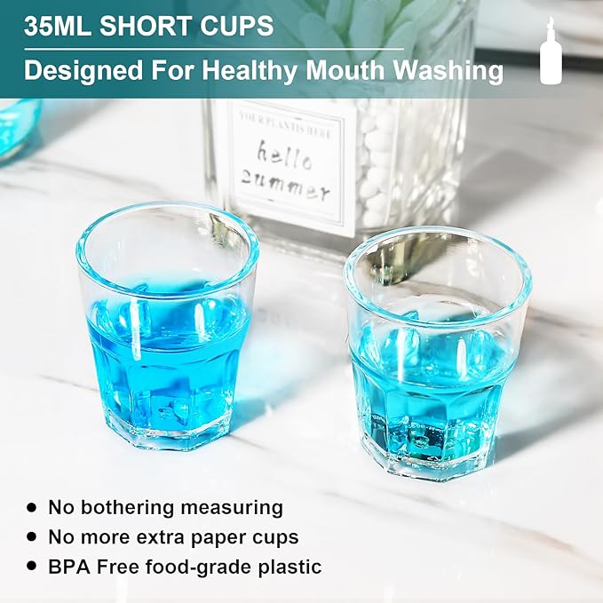 Mouthwash Dispenser for Bathroom, Glass Mouthwash Dispenser with Cup, Mouth Wash Container Bottle with Cup, Refillable Mouthwash Decanter, Clear,17oz,2 Pack
