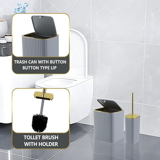 Grey Bathroom Accessory Set-9PC Set with Toilet Brush, Trash Can, Soap Dispenser, Q-Tip Holder | Modern Home Bath Essentials (Grey, Bath Set)