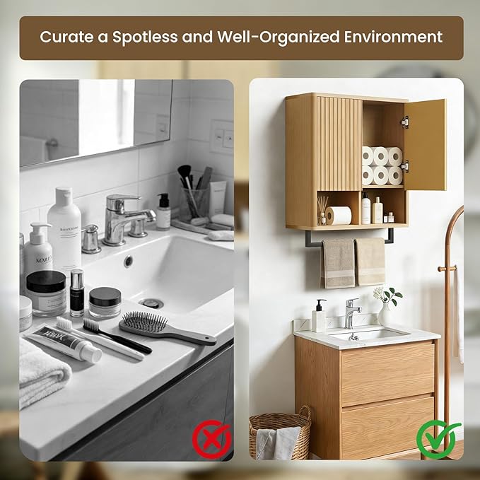 Bathroom Wall Storage Cabinet, Over The Toilet Medicine Cabinet, Hidden Storage & Open Shelves, Small 2-Door Multi-Functional Bathroom Organizer with Towel Bar for Bathroom & Kitchen (Wood)