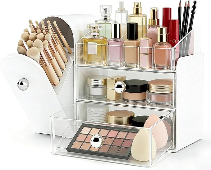 Makeup Organizer with Brush Holder, Large Cosmetic Storage with 2 Drawers, Skincare Organizer for Bathroom Countertop, Vanity Organizer for Lipstick, Perfume, Nail Polish, Beauty Gifts (White)