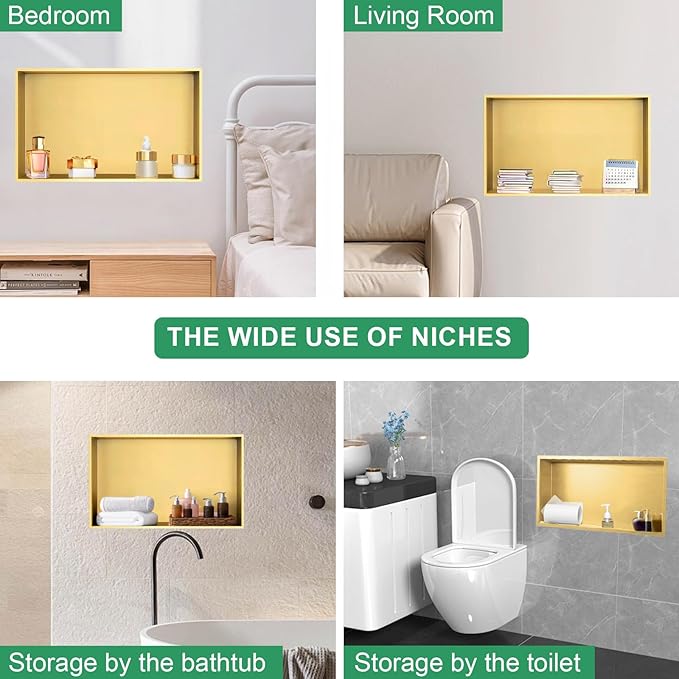 SaniteModar Shower Niche, Stainless Steel Shower Niche No Tile Needed, Recessed for Bathroom Storage (Brushed Gold, 12x24)